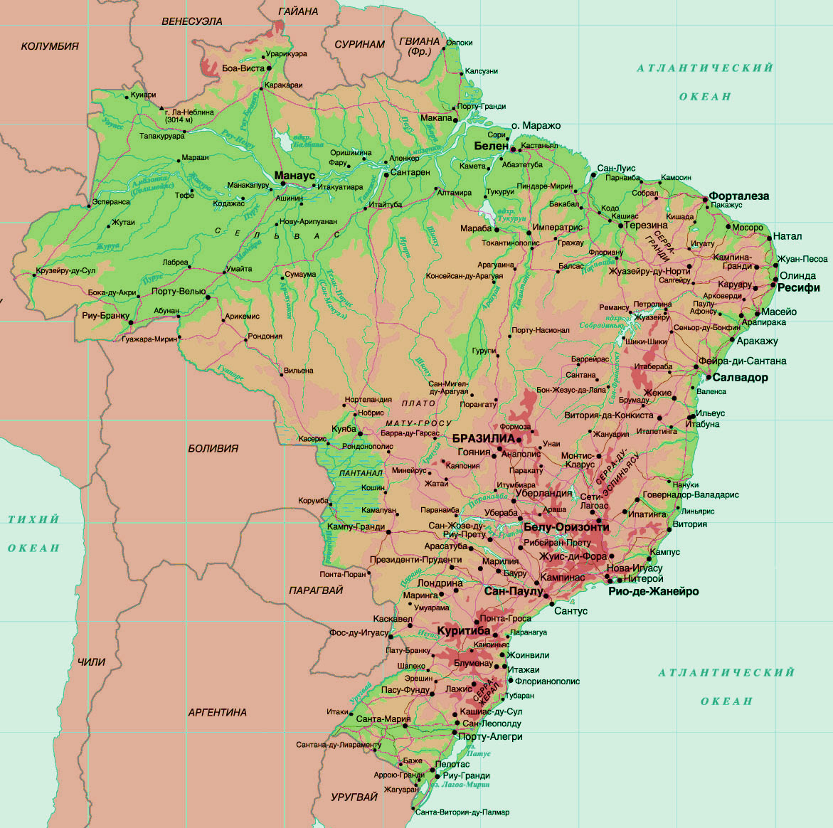 Столица бразилии на политической карте. Бразилия Страна на карте. Подробная карта Бразилии. Карта Бразилии географическая. Физико географическая карта Бразилии.